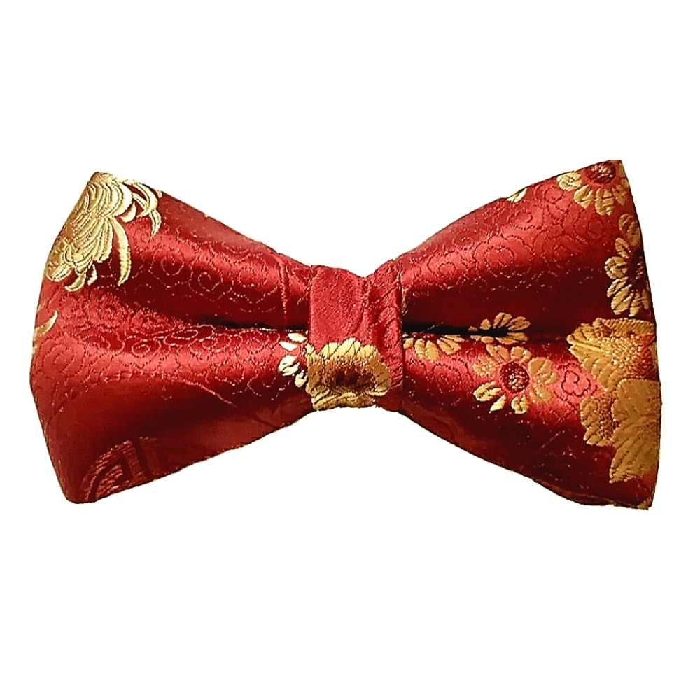 NEW Handmade Floral Silk Brocade Bowtie. Pre-tied. 5" x 2.75". Cranberry. Unisex